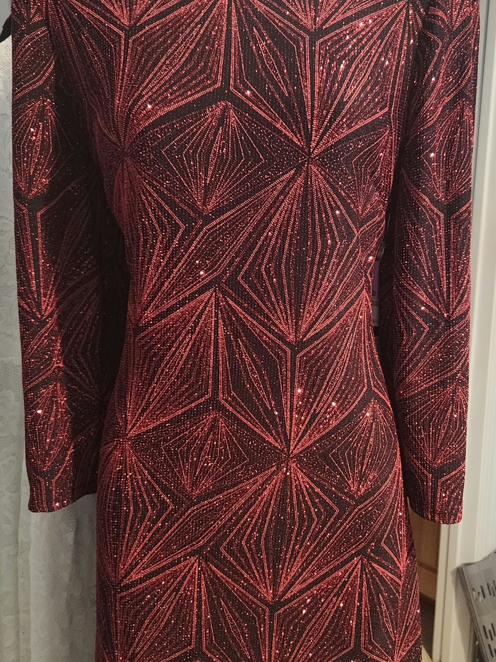 Women's Vintage Red Geometric Sequin Long-Sleeve Dress